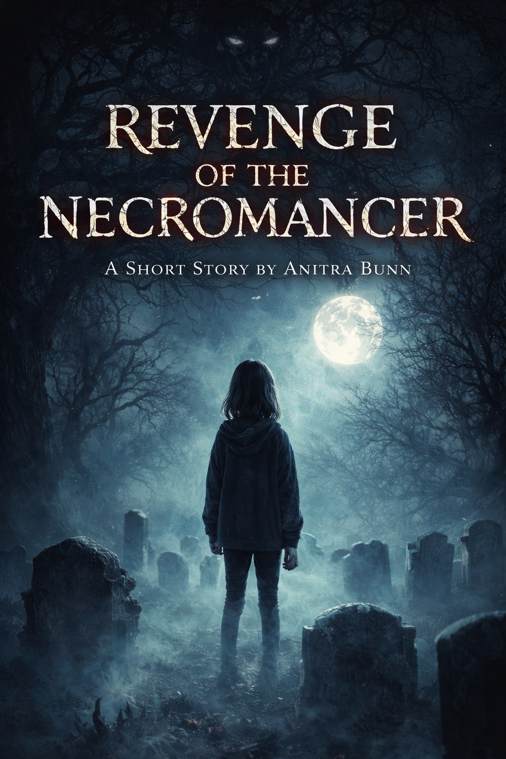 Book cover of 'Revenge of the Necromancer' with a person in a dark coat standing in a cemetery under a moonlit sky.