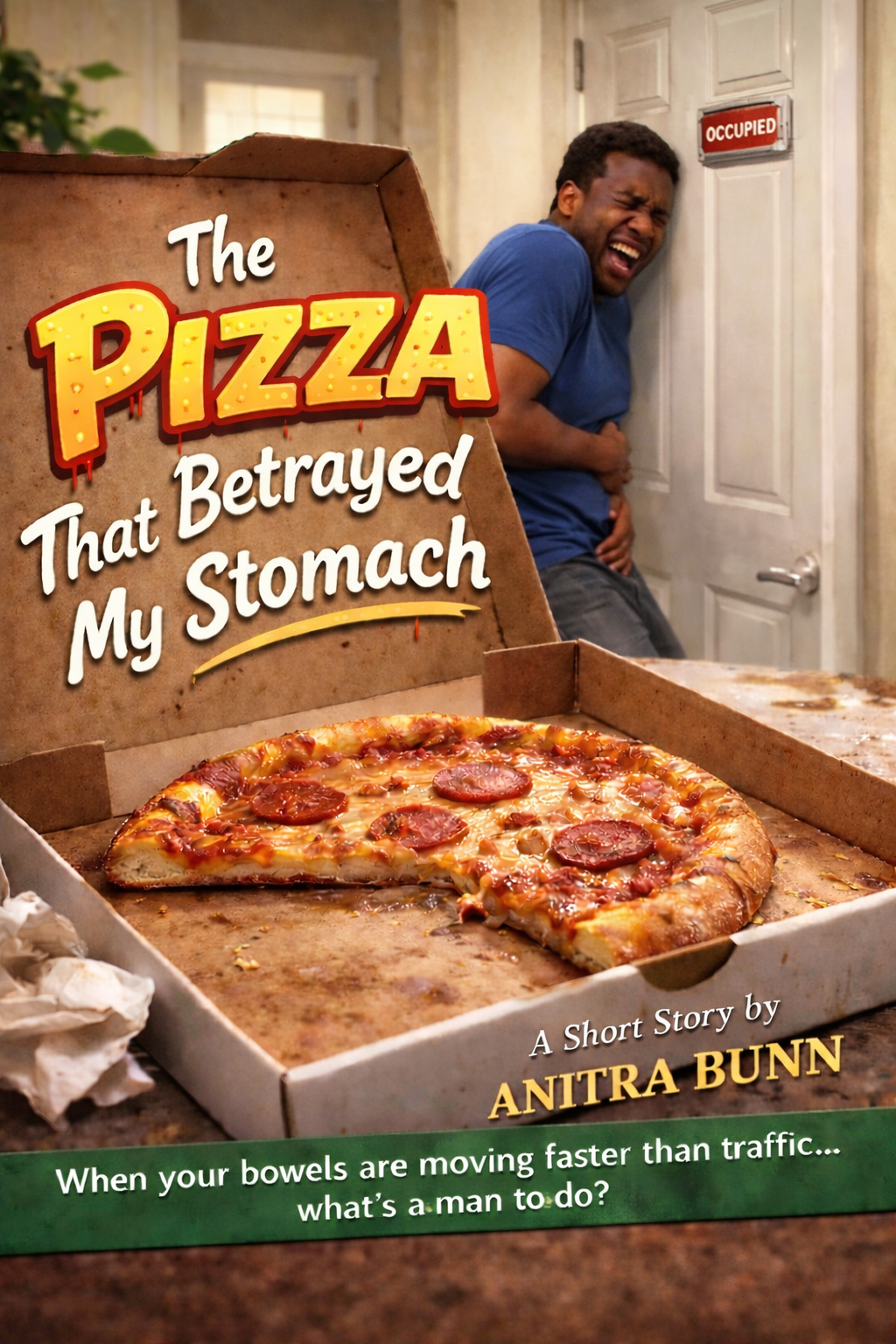 Pizza box with a pizza inside, a man peeking from behind a door, and text about a short story by Anitra Bunn.